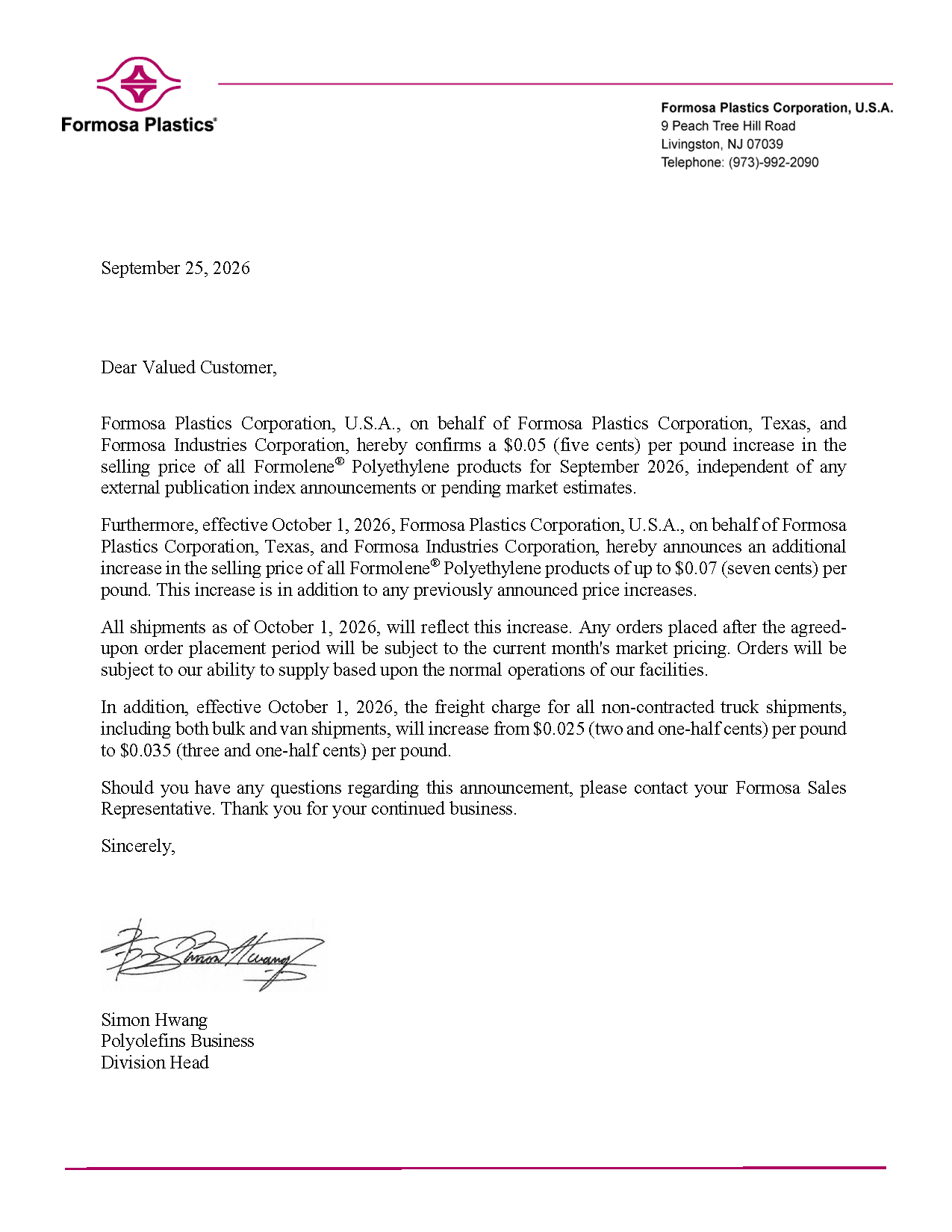 Formosa September and October PE Price Increase Letter