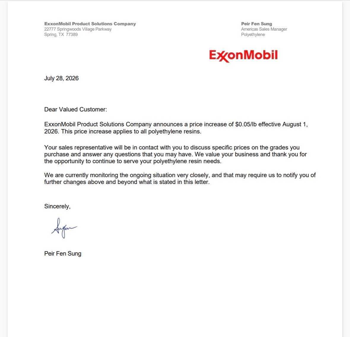 ExxonMobil August Price Increase Letter