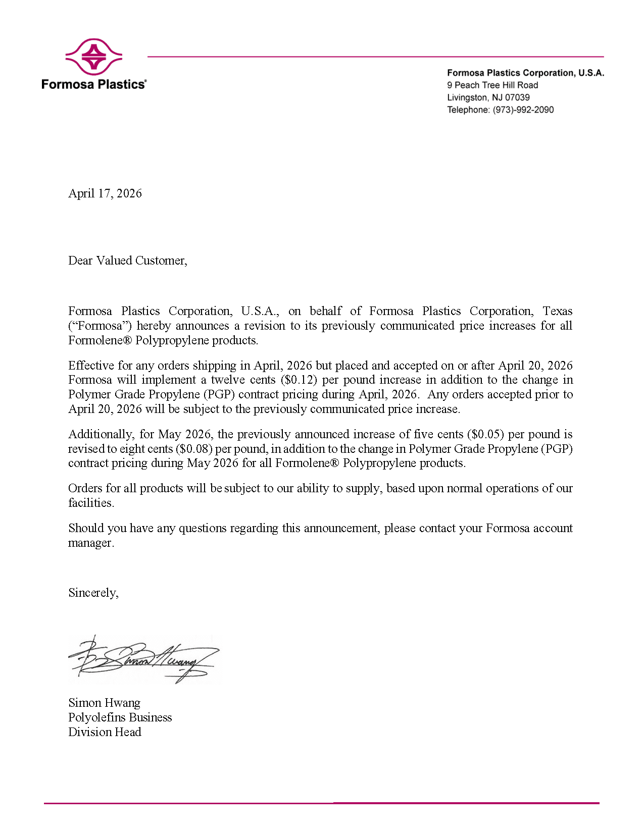 Formosa April and May PP Increase Letters