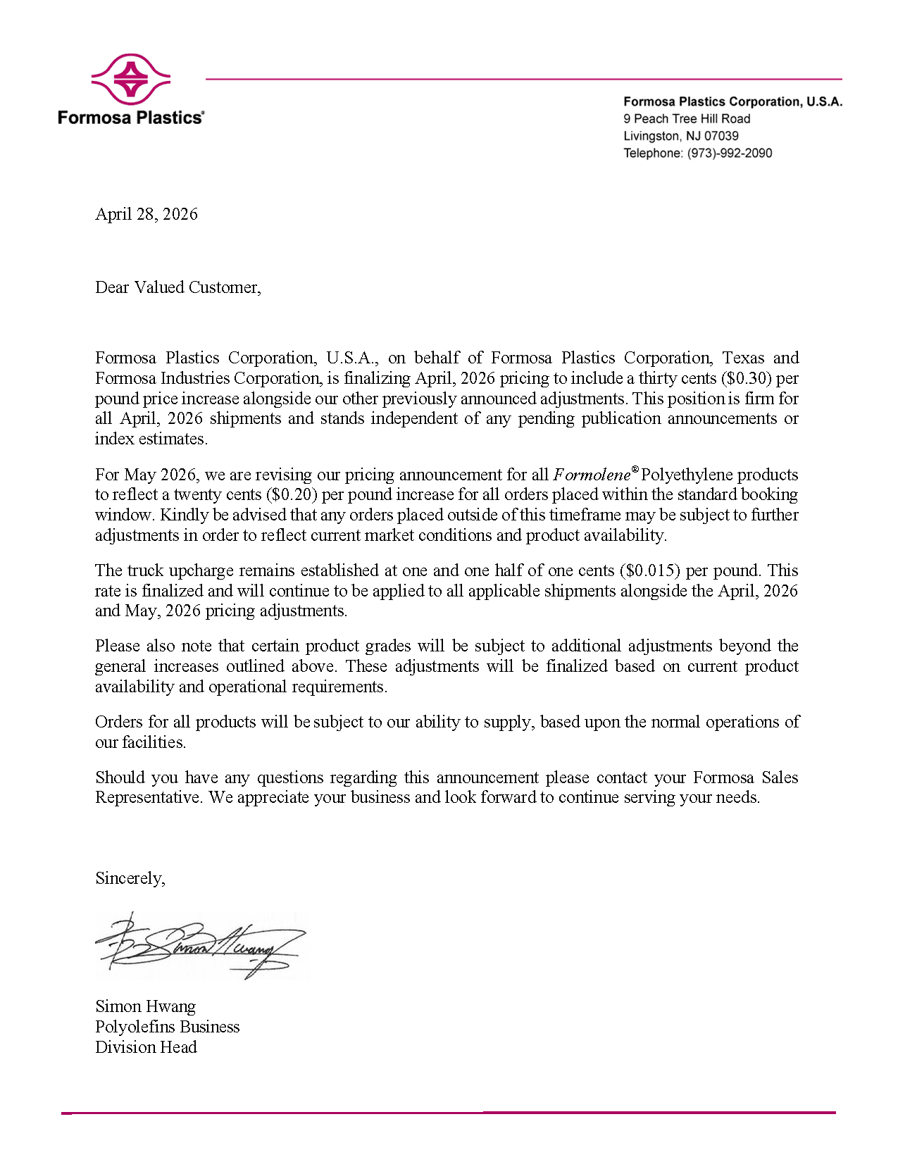 Formosa April and May PE Price Increase Statement