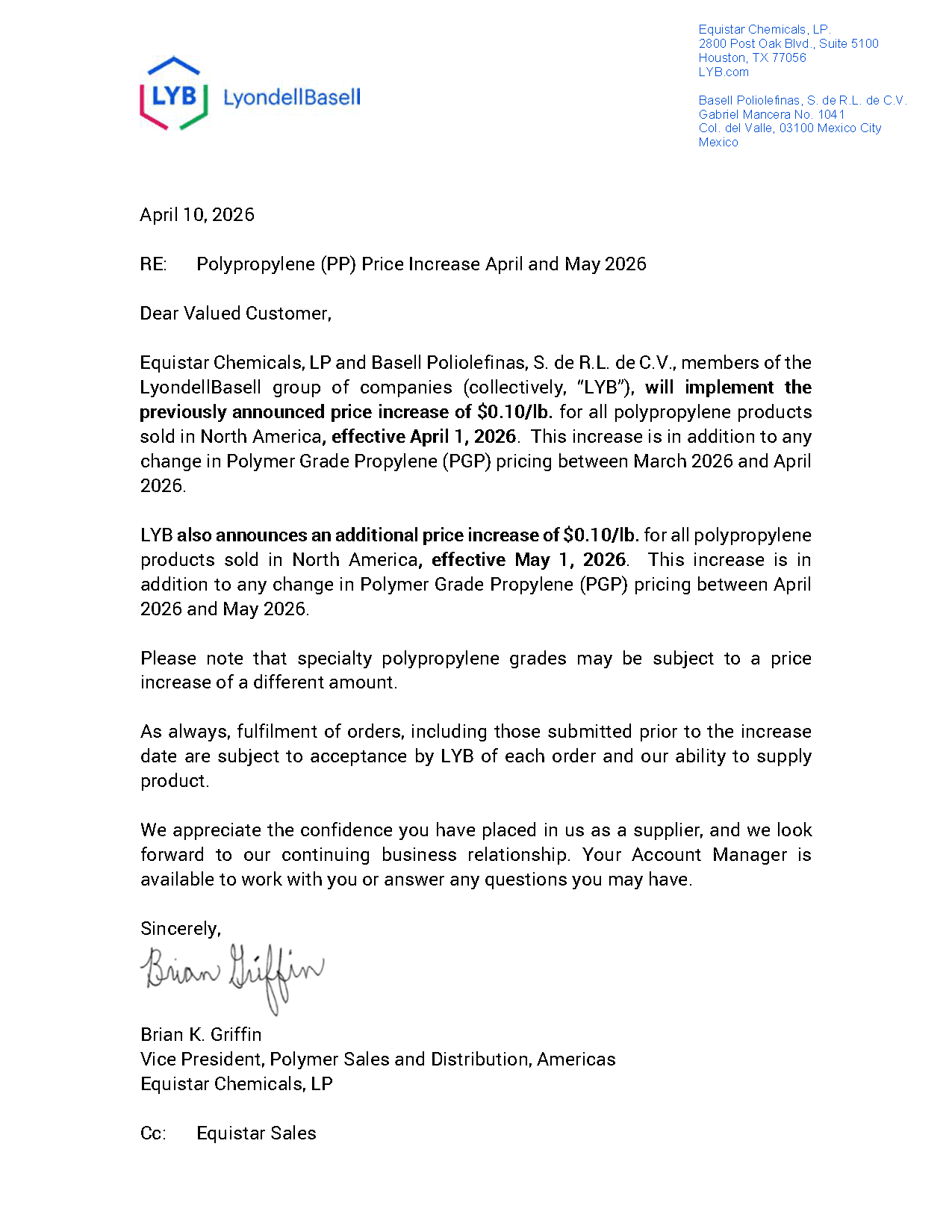 LYB/Equistar PP Price Increase April and May