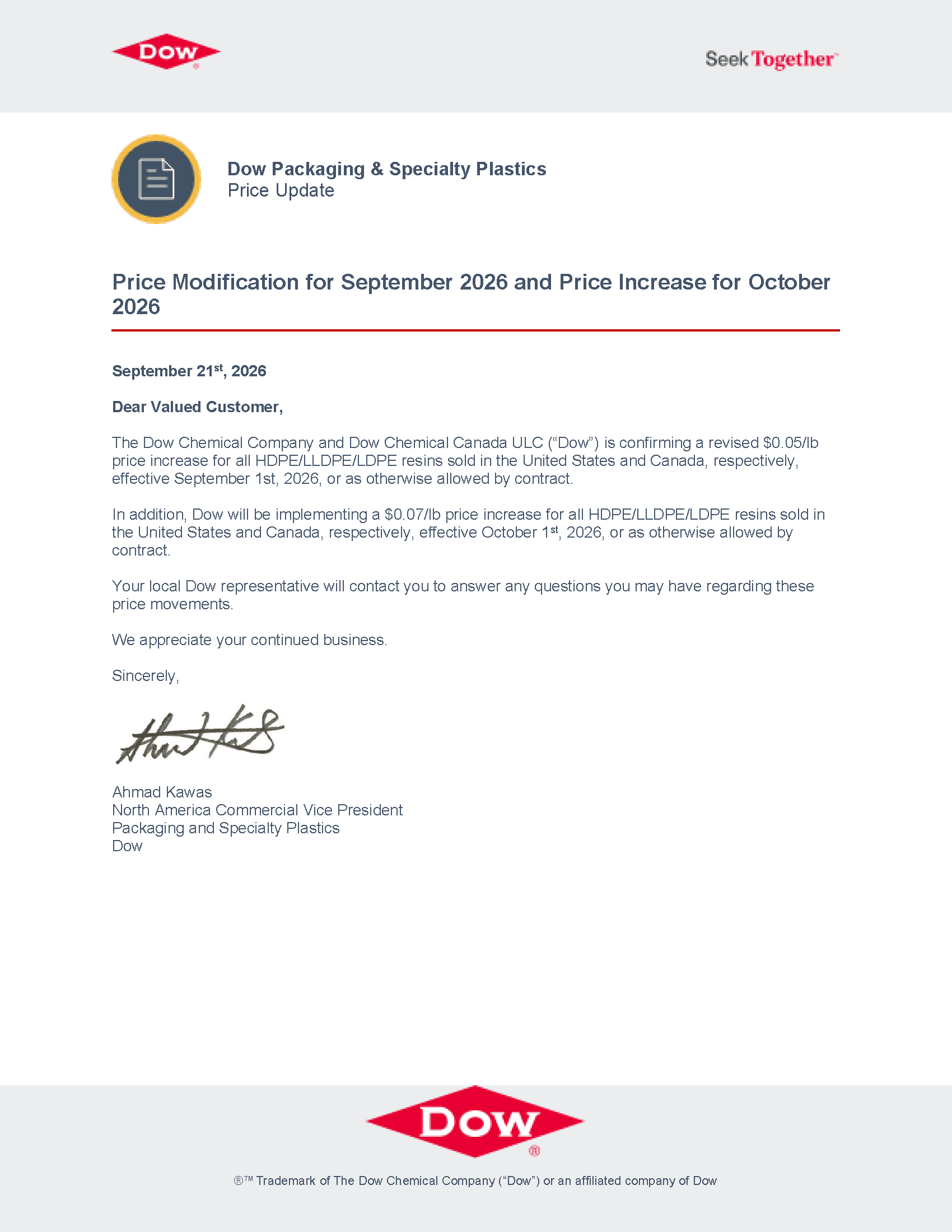Dow September and October PE Price Increase